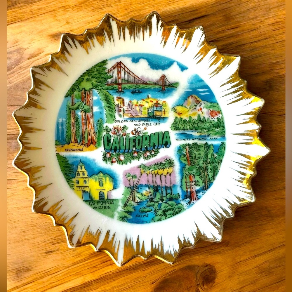 California vintage souvenir plate retro vacation memorabilia- gold edge
